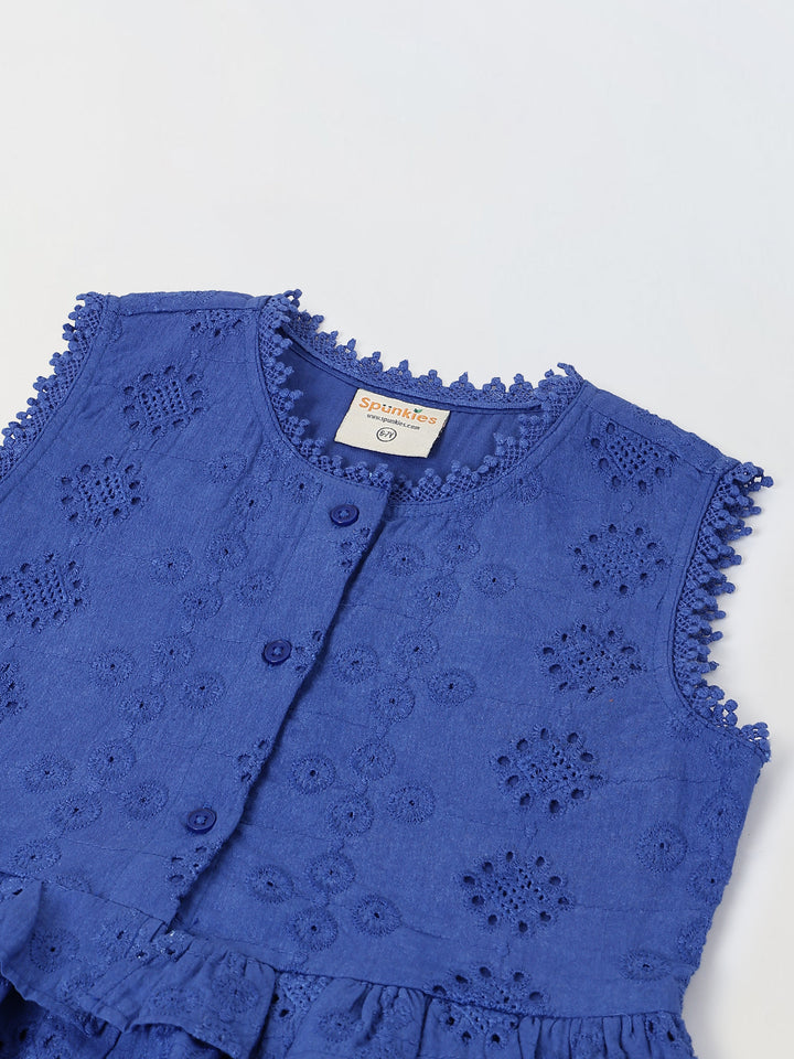 Spunkies Blue Girls Schiffli Embroidered Round Neck Sleeveless A-Line Dress