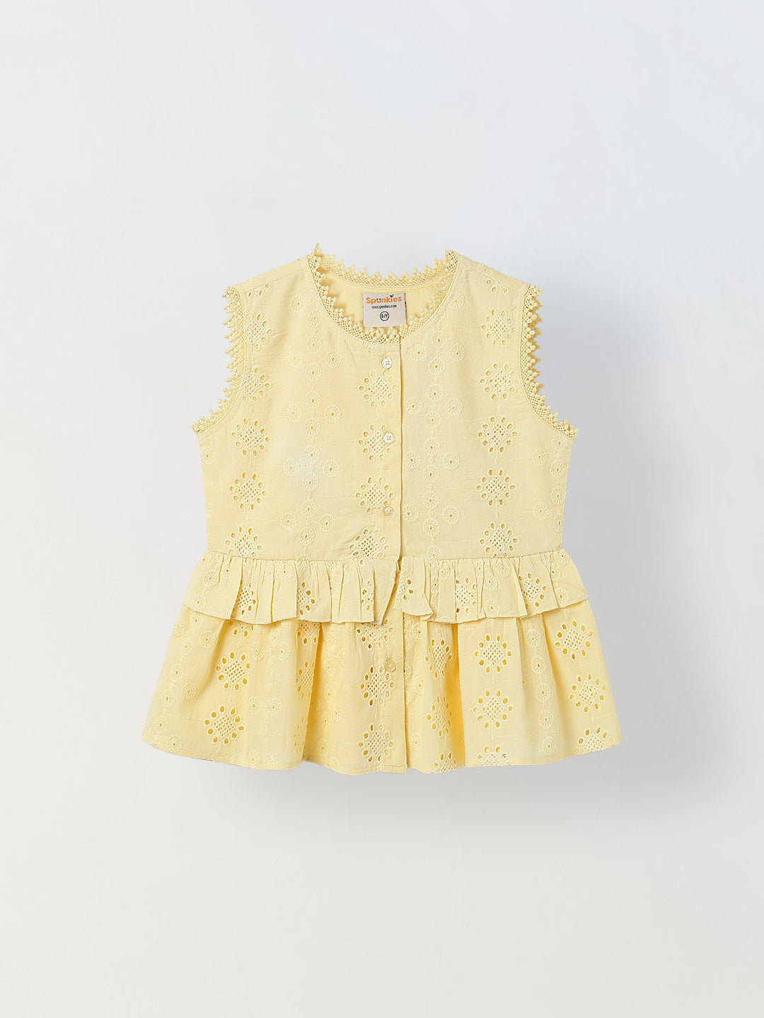 Spunkies Yellow Girls Schiffli Embroidered Round Neck Sleeveless A-Line Dress