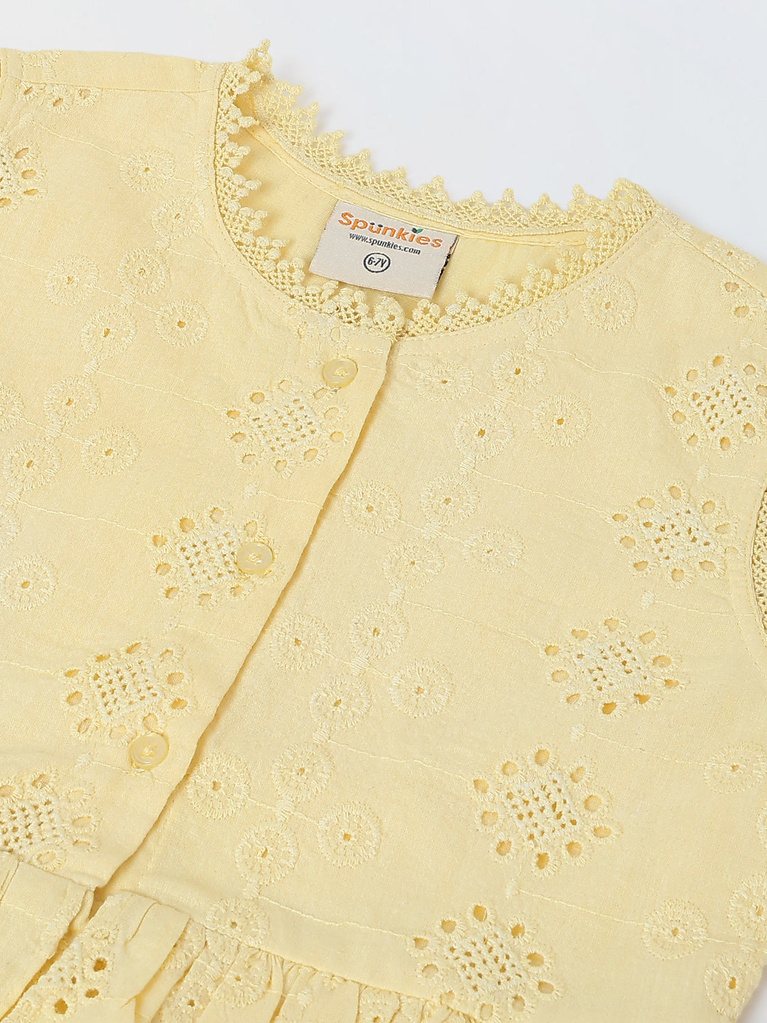 Spunkies Yellow Girls Schiffli Embroidered Round Neck Sleeveless A-Line Dress