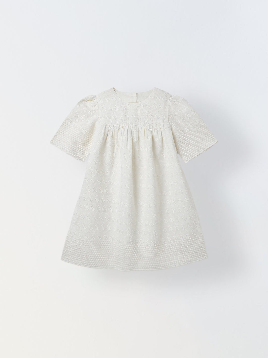 Spunkies Off White Girls Geometric Embroidered Round Neck Short Sleeves A-Line Dress