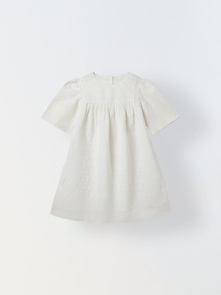 Spunkies Off White Girls Geometric Embroidered Round Neck Short Sleeves A-Line Dress