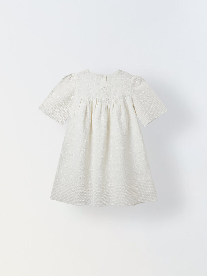 Spunkies Off White Girls Geometric Embroidered Round Neck Short Sleeves A-Line Dress