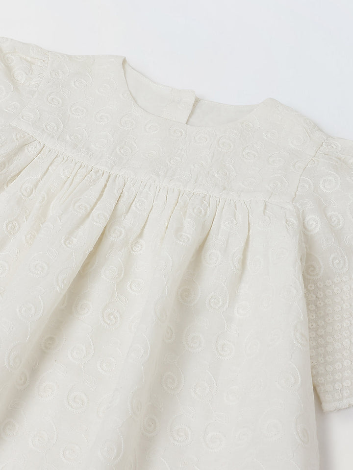 Spunkies Off White Girls Geometric Embroidered Round Neck Short Sleeves A-Line Dress