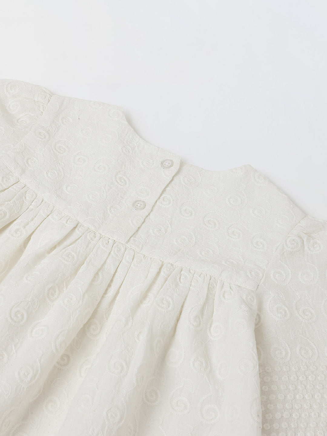 Spunkies Off White Girls Geometric Embroidered Round Neck Short Sleeves A-Line Dress