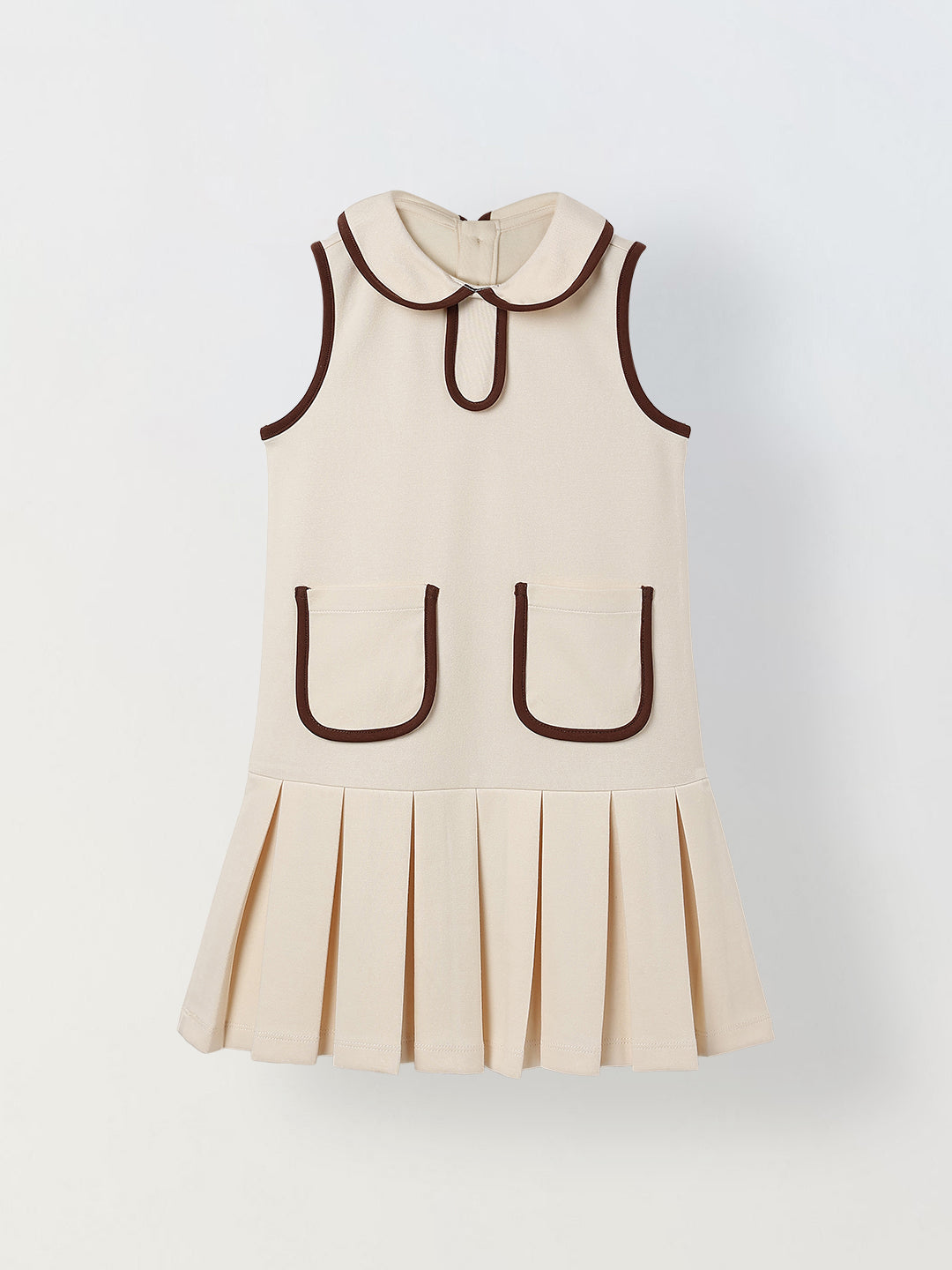 Spunkies Cream Girls Solid Peter Pan Collar Sleeveless Pleated A-Line Dress