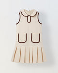 Spunkies Cream Girls Solid Peter Pan Collar Sleeveless Pleated A-Line Dress