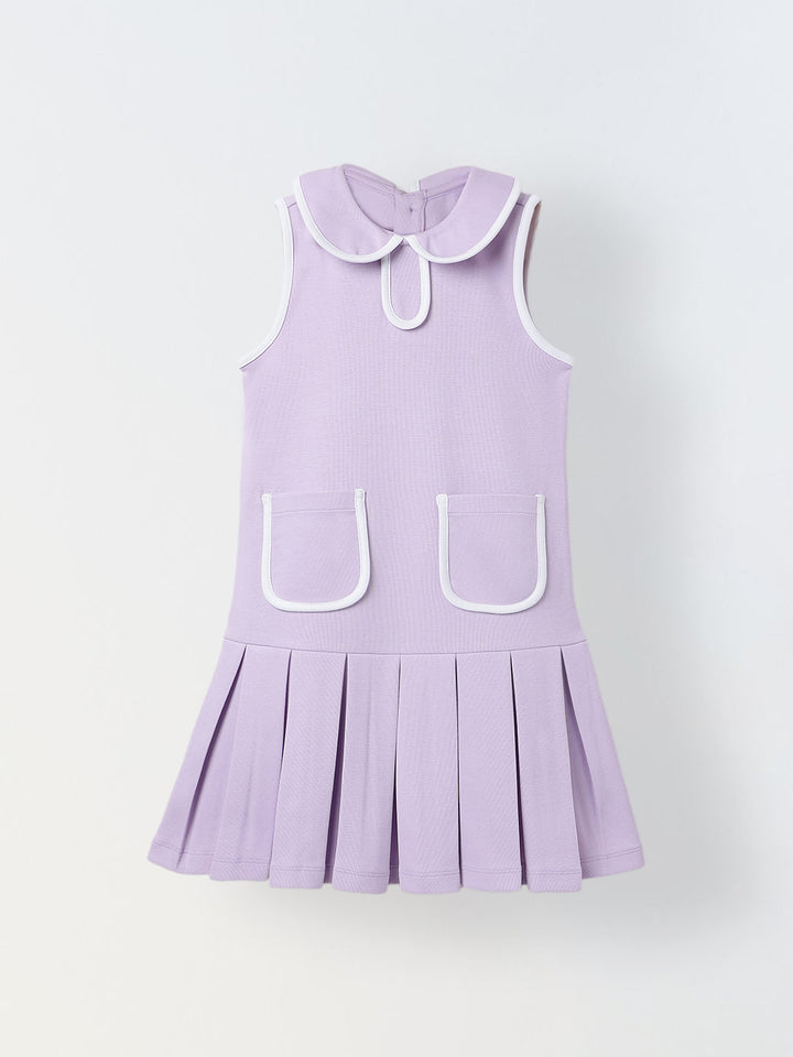 Spunkies Purple Girls Solid Peter Pan Collar Sleeveless Pleated A-Line Dress