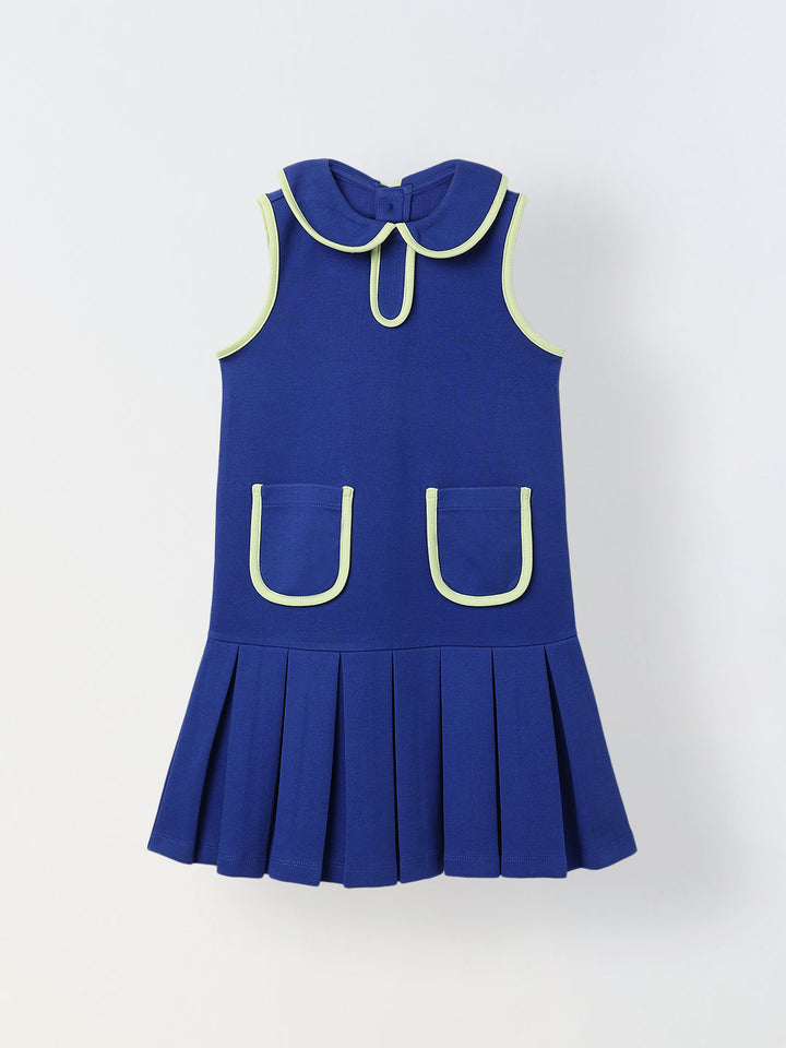 Spunkies Blue Girls Solid Peter Pan Collar Sleeveless Pleated A-Line Dress
