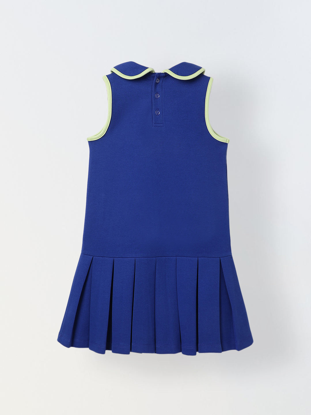 Spunkies Blue Girls Solid Peter Pan Collar Sleeveless Pleated A-Line Dress