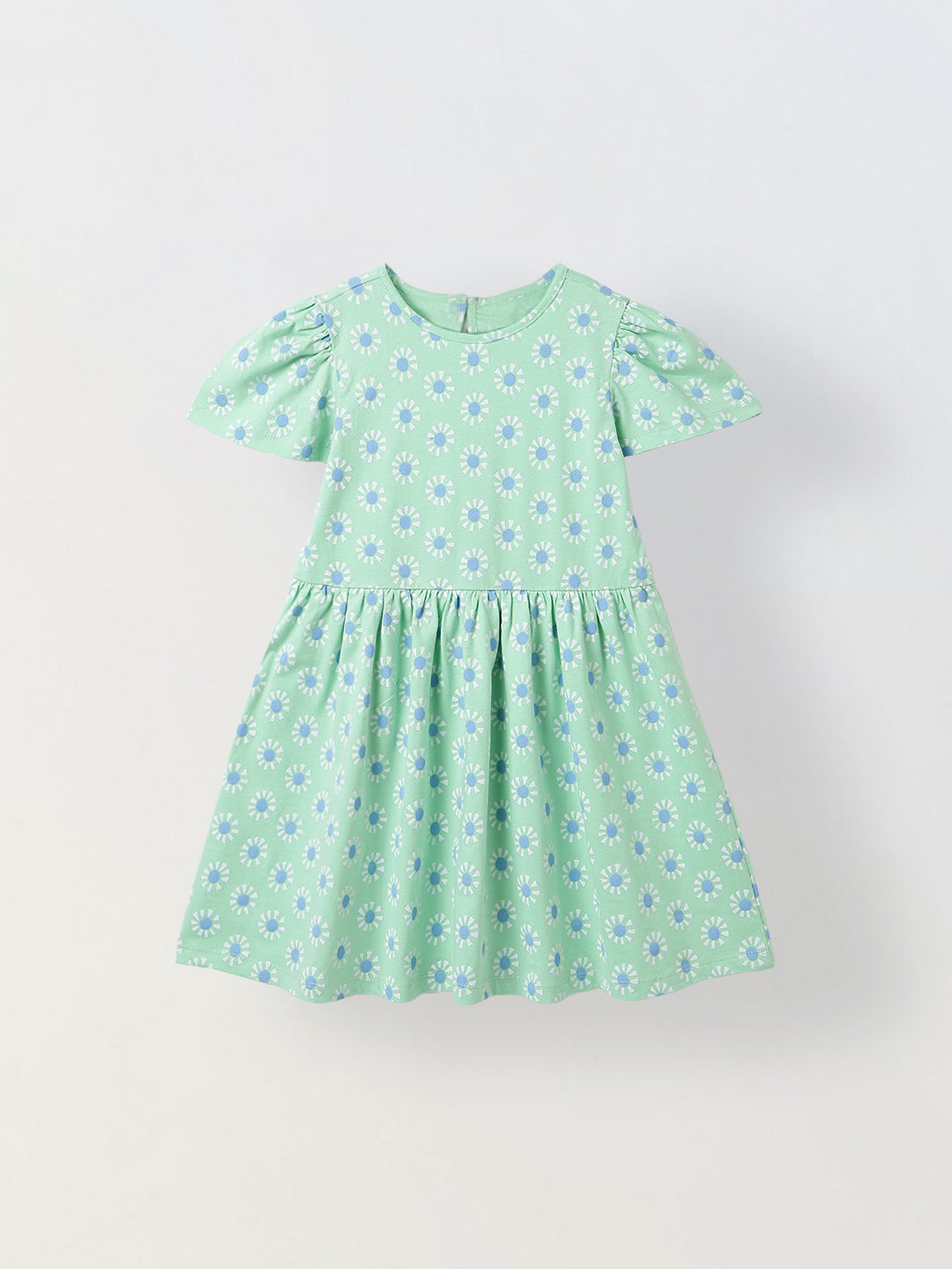 Spunkies Green Girls Round Neck Short Sleeves Fit & Flare Dress