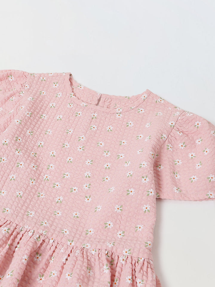 Spunkies Girls Pink Seersucker 100% Cotton Puff Sleeve Dress
