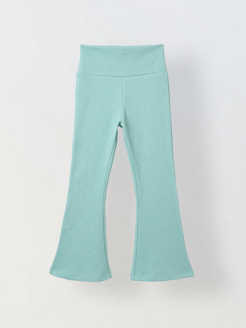 Spunkies Girls Light Green Textured Floral Elasticated Waist Flared Leggings
