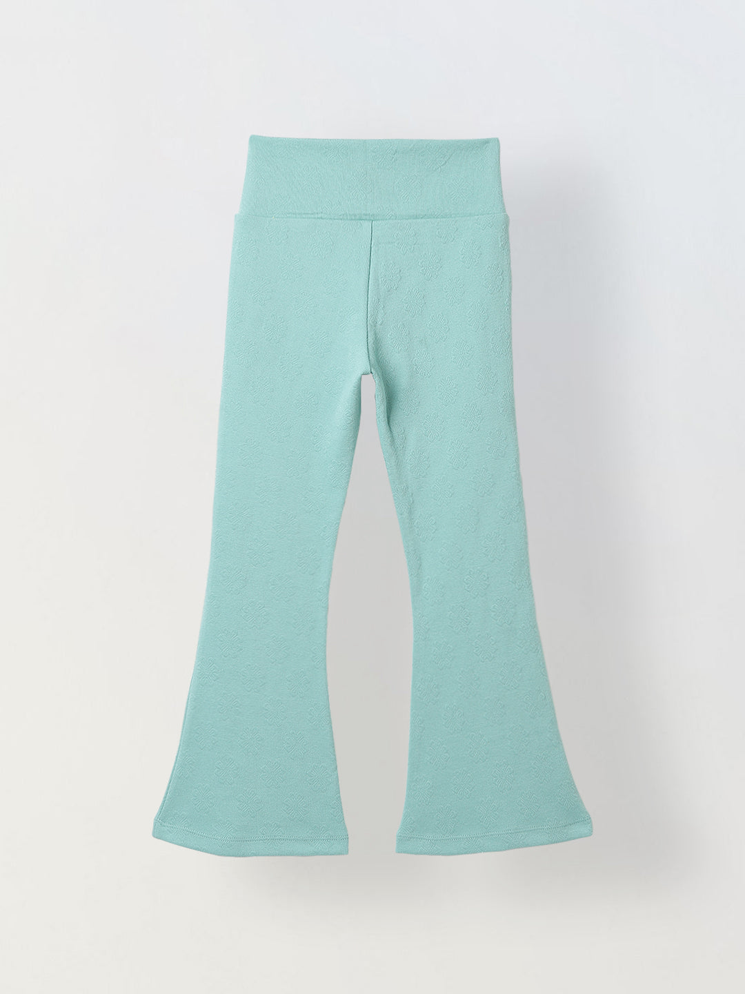 Spunkies Girls Light Green Textured Floral Elasticated Waist Flared Leggings