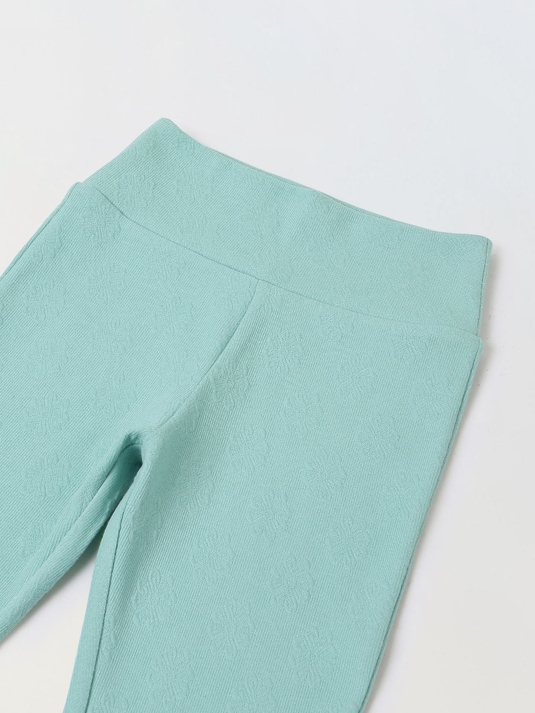 Spunkies Girls Light Green Textured Floral Elasticated Waist Flared Leggings
