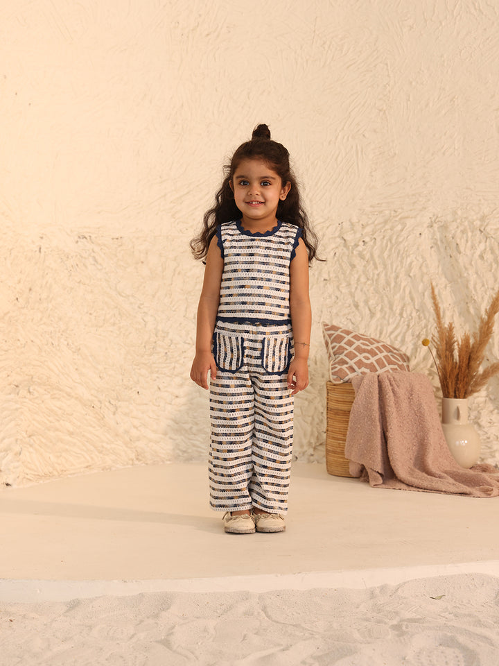 Spunkies Girls White Embroidered Round Neck Sleeveless Top and Trousers Set