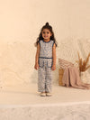 Spunkies Girls White Embroidered Round Neck Sleeveless Top and Trousers Set