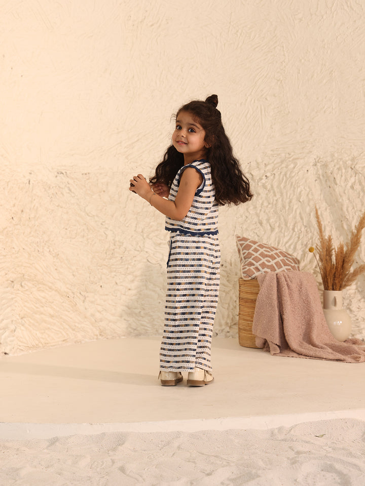 Spunkies Girls White Embroidered Round Neck Sleeveless Top and Trousers Set