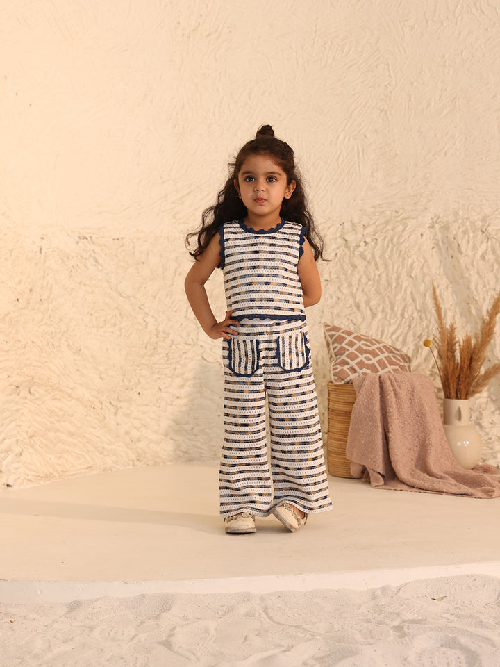 Spunkies Girls White Embroidered Round Neck Sleeveless Top and Trousers Set