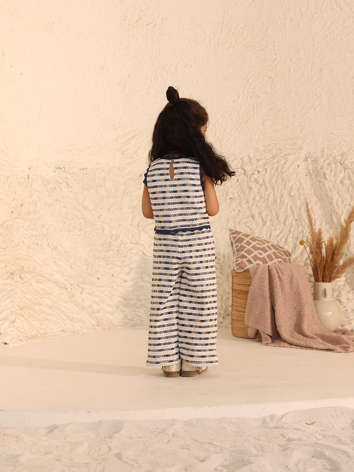 Spunkies Girls White Embroidered Round Neck Sleeveless Top and Trousers Set