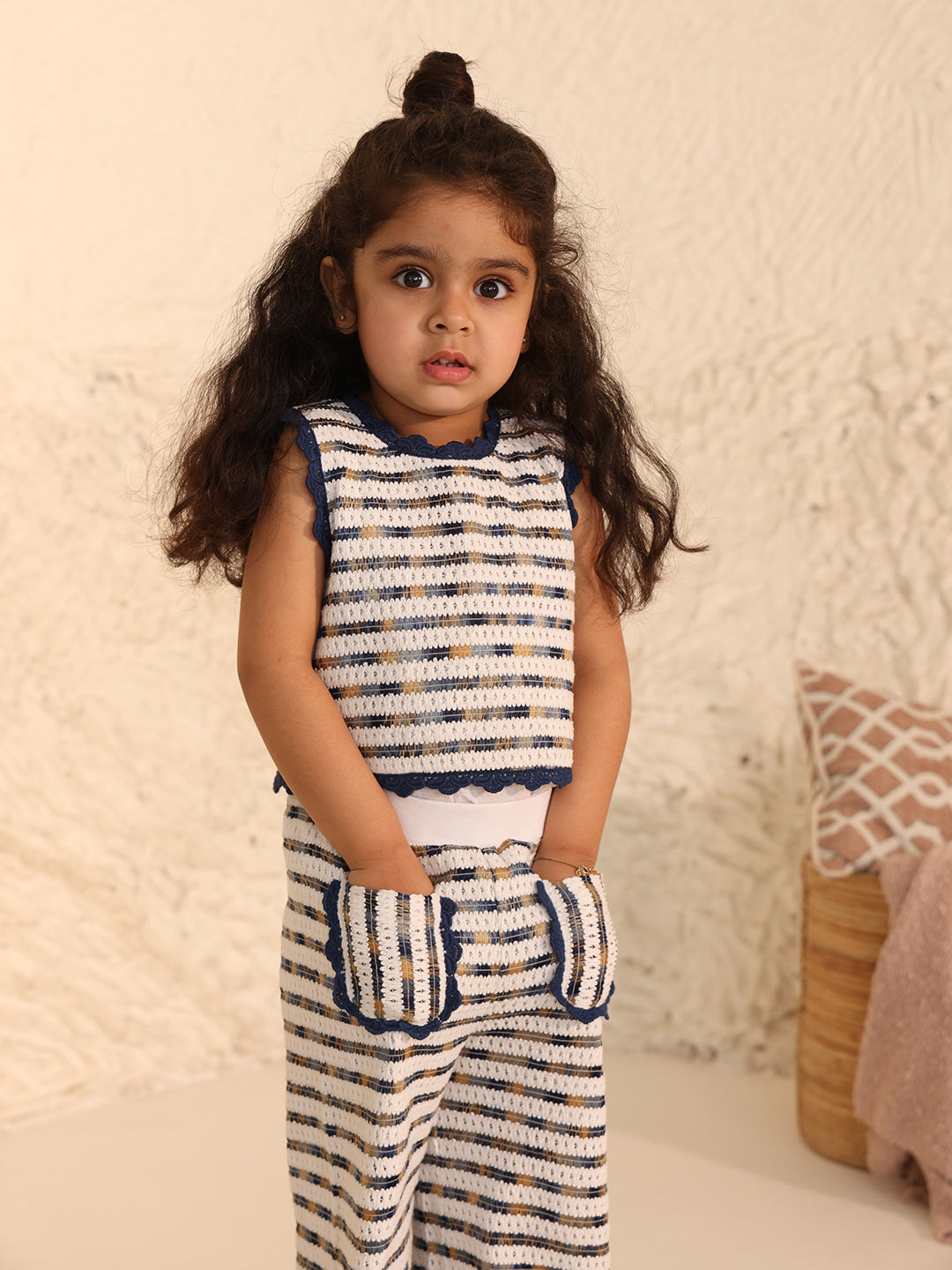 Spunkies Girls White Embroidered Round Neck Sleeveless Top and Trousers Set