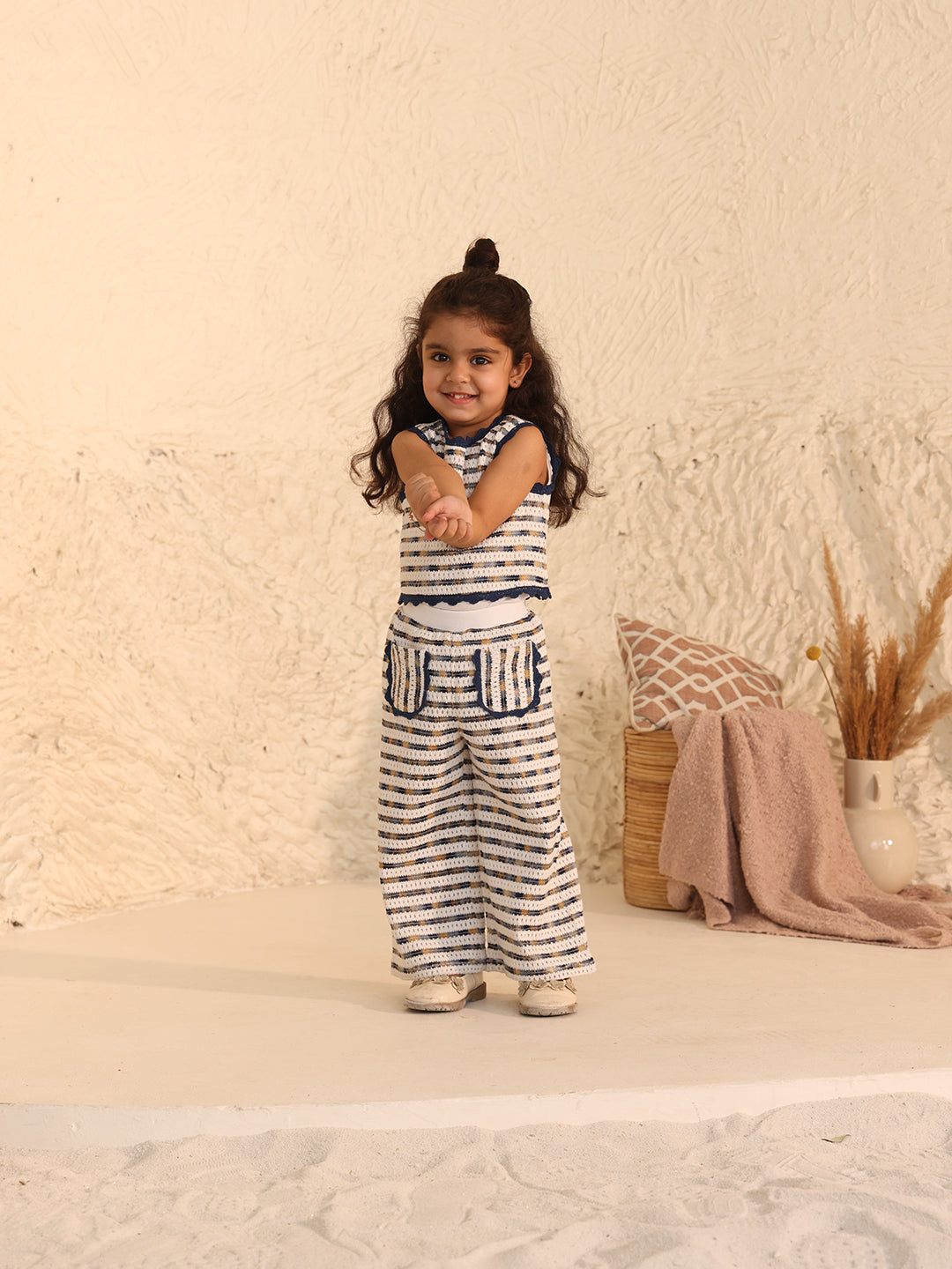 Spunkies Girls White Embroidered Round Neck Sleeveless Top and Trousers Set