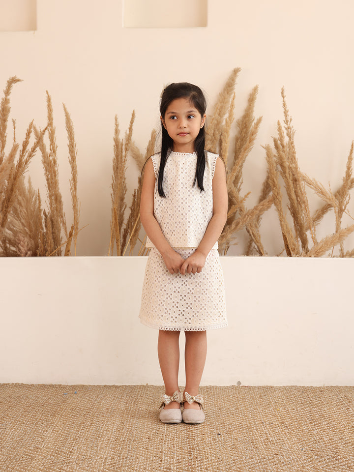 Spunkies Girls White Schiffli Cutwork Round Neck Sleeveless Top and Skirt Set