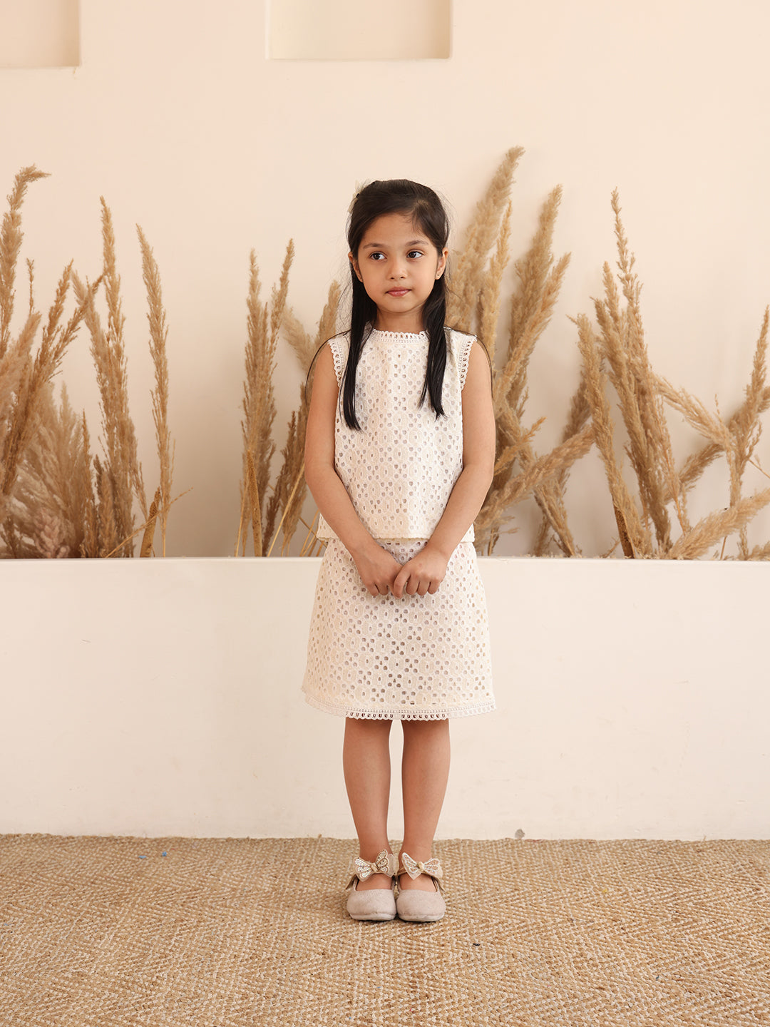 Spunkies Girls White Schiffli Cutwork Round Neck Sleeveless Top and Skirt Set