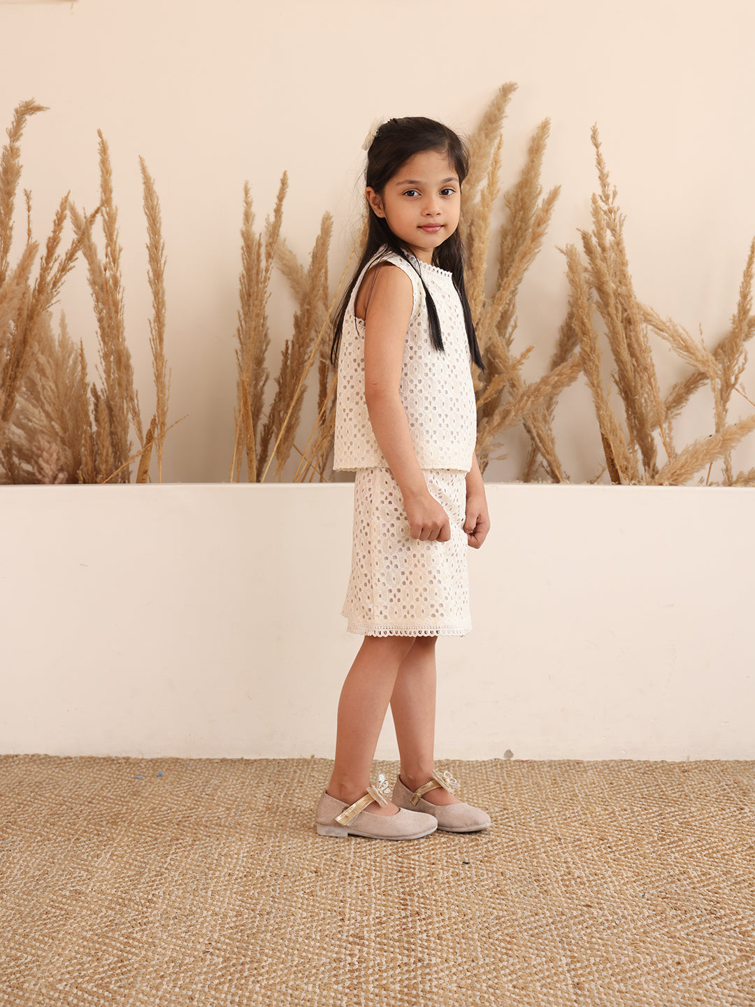 Spunkies Girls White Schiffli Cutwork Round Neck Sleeveless Top and Skirt Set