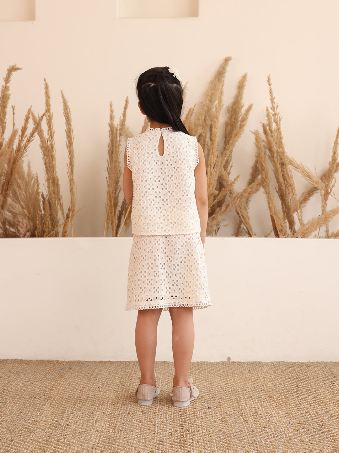 Spunkies Girls White Schiffli Cutwork Round Neck Sleeveless Top and Skirt Set
