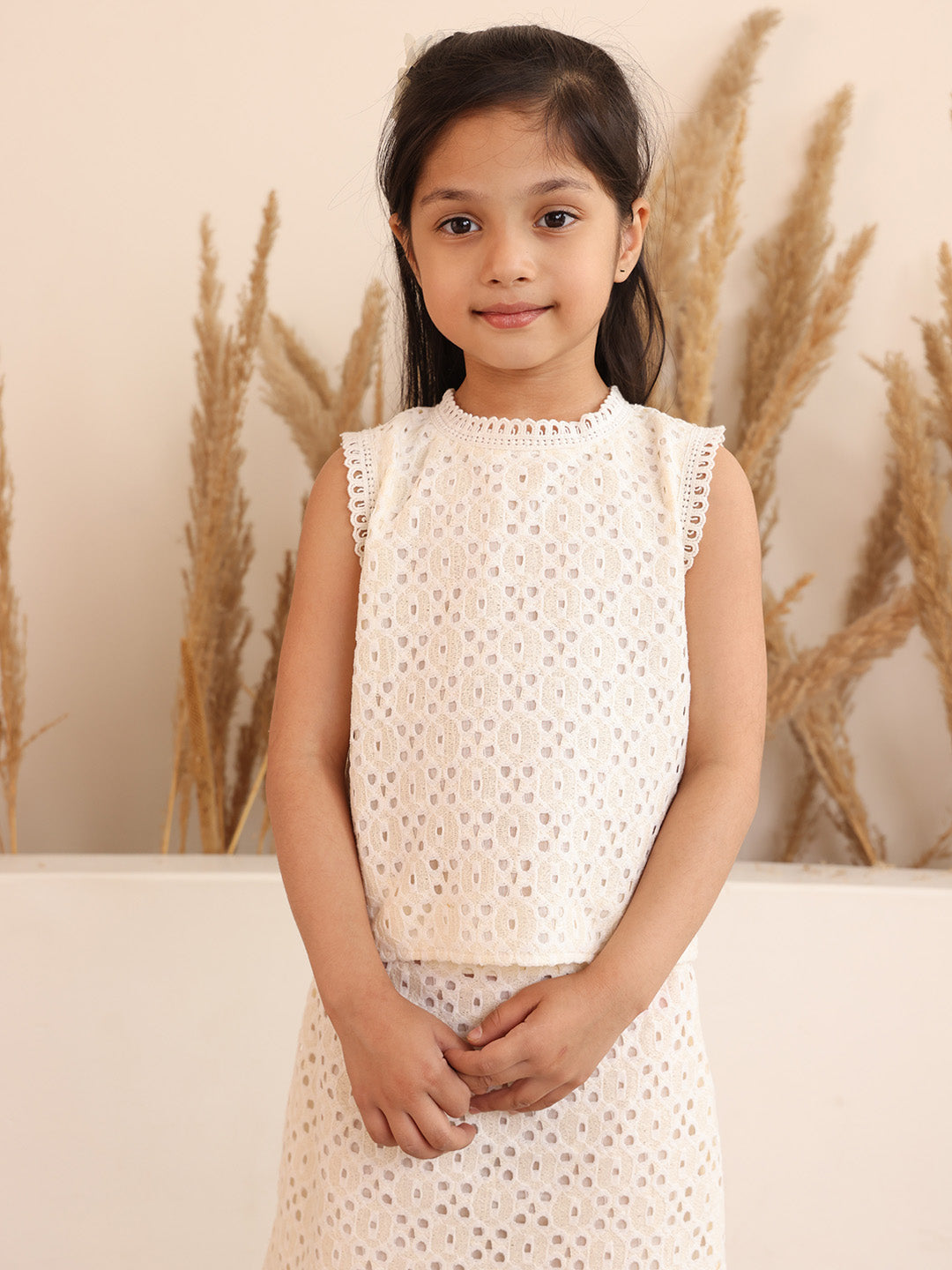 Spunkies Girls White Schiffli Cutwork Round Neck Sleeveless Top and Skirt Set