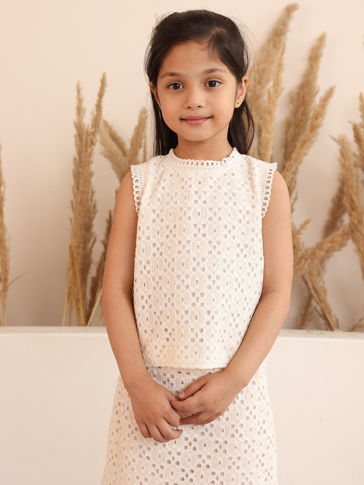Spunkies Girls White Schiffli Cutwork Round Neck Sleeveless Top and Skirt Set