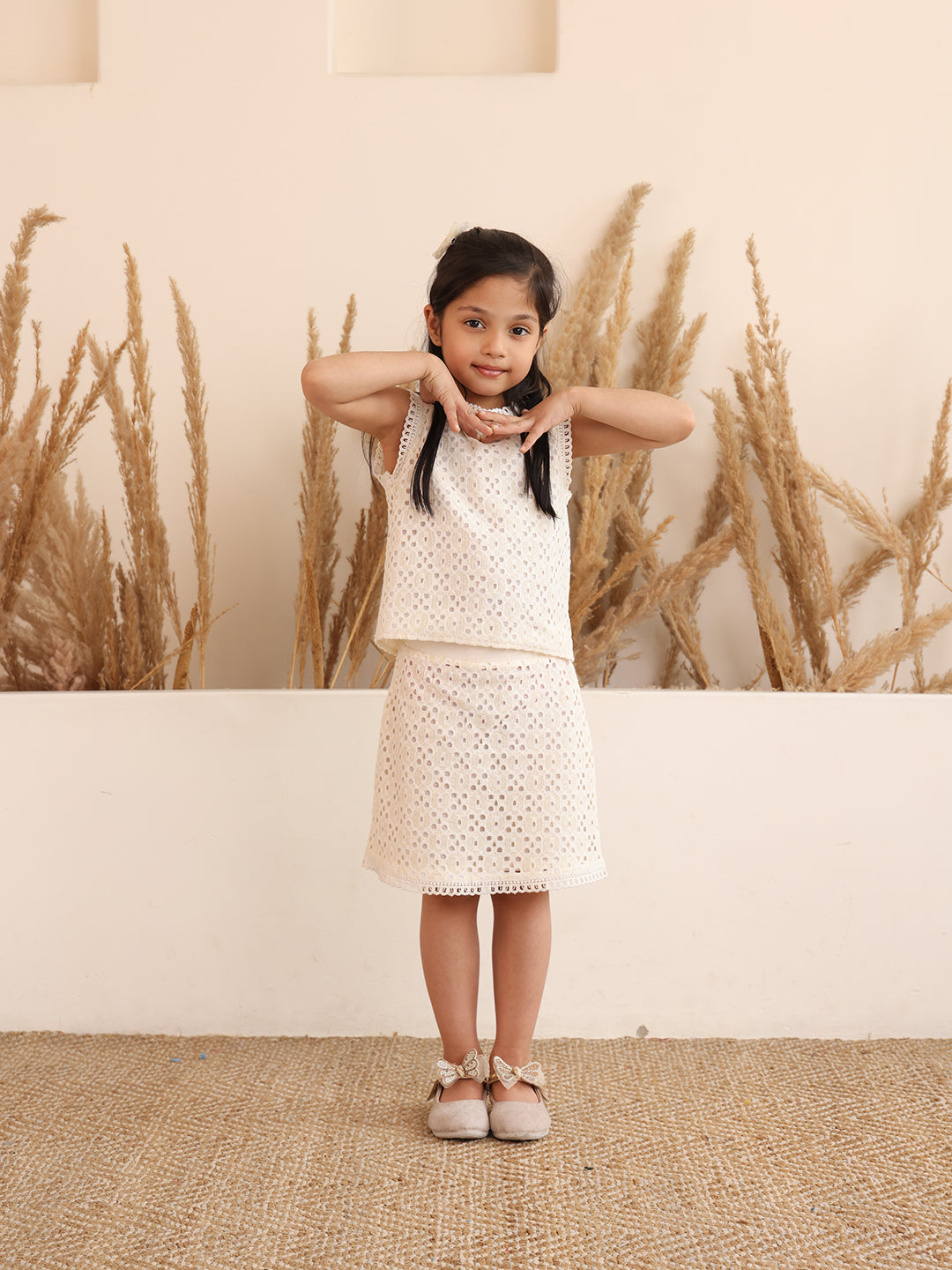 Spunkies Girls White Schiffli Cutwork Round Neck Sleeveless Top and Skirt Set