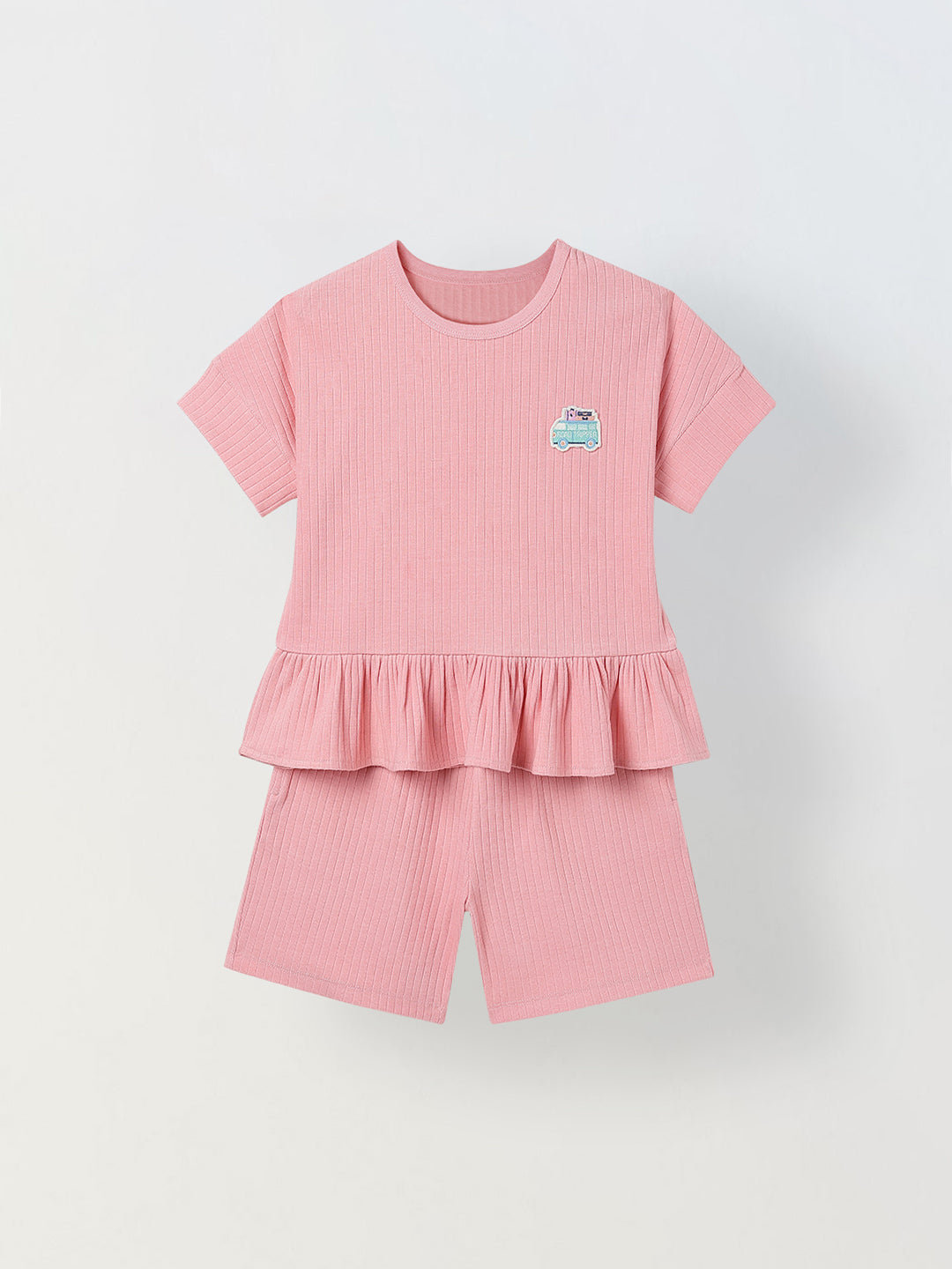 Spunkies Girls Pink Textured Round Neck Short Sleeves Peplum Top and Shorts Set