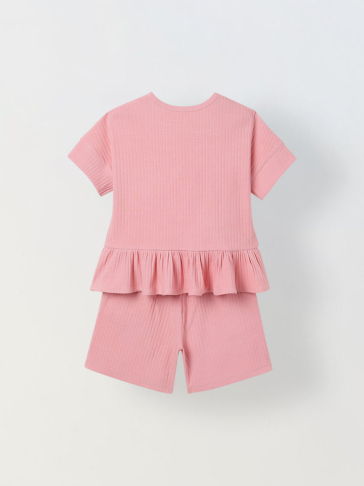 Spunkies Girls Pink Textured Round Neck Short Sleeves Peplum Top and Shorts Set