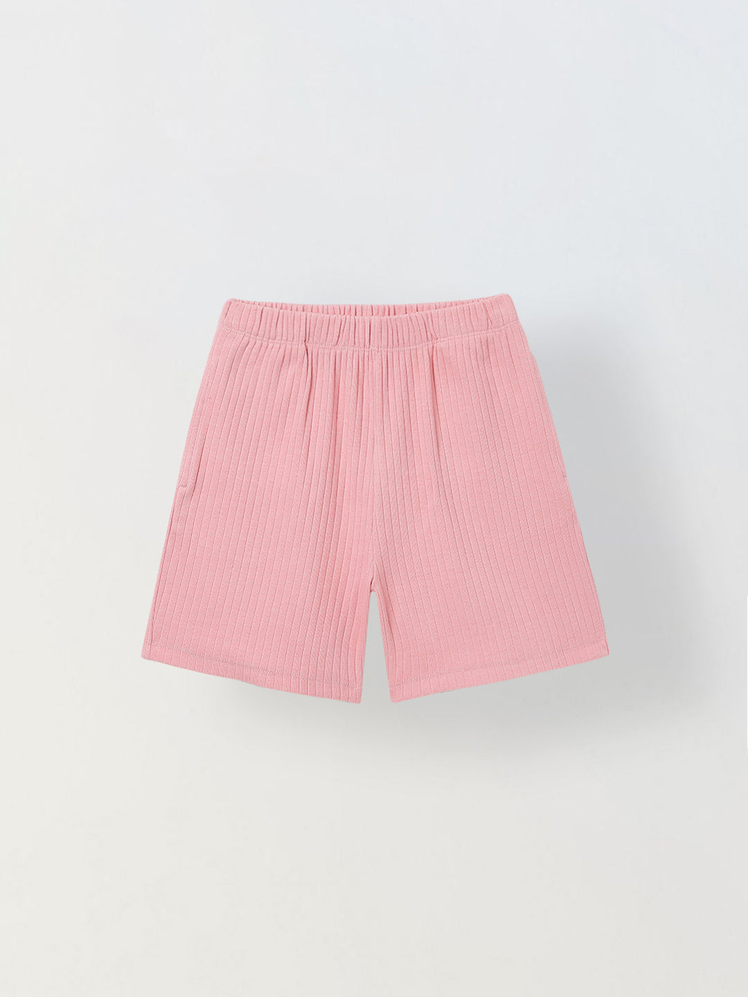 Spunkies Girls Pink Textured Round Neck Short Sleeves Peplum Top and Shorts Set