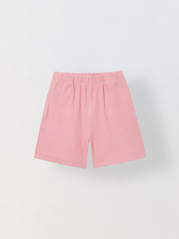 Spunkies Girls Pink Textured Round Neck Short Sleeves Peplum Top and Shorts Set
