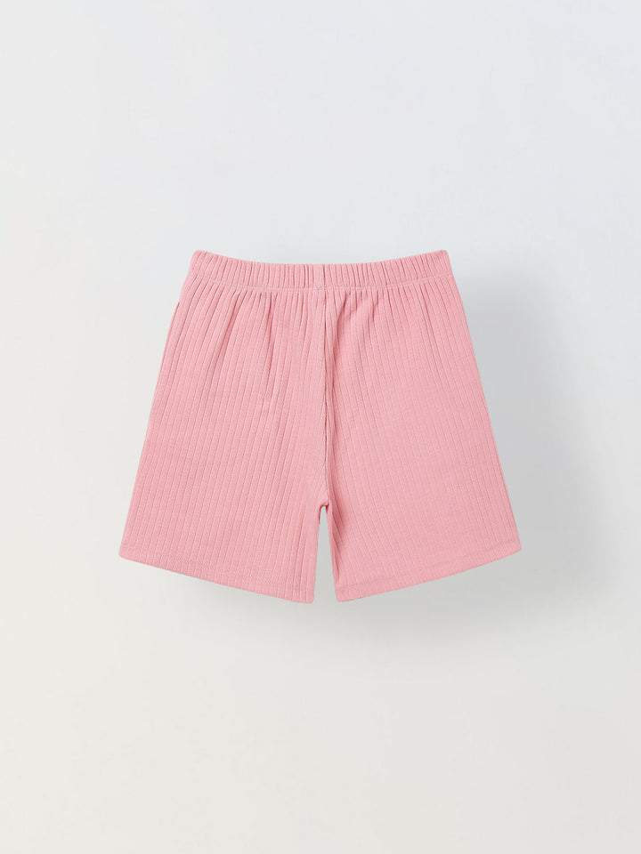 Spunkies Girls Pink Textured Round Neck Short Sleeves Peplum Top and Shorts Set