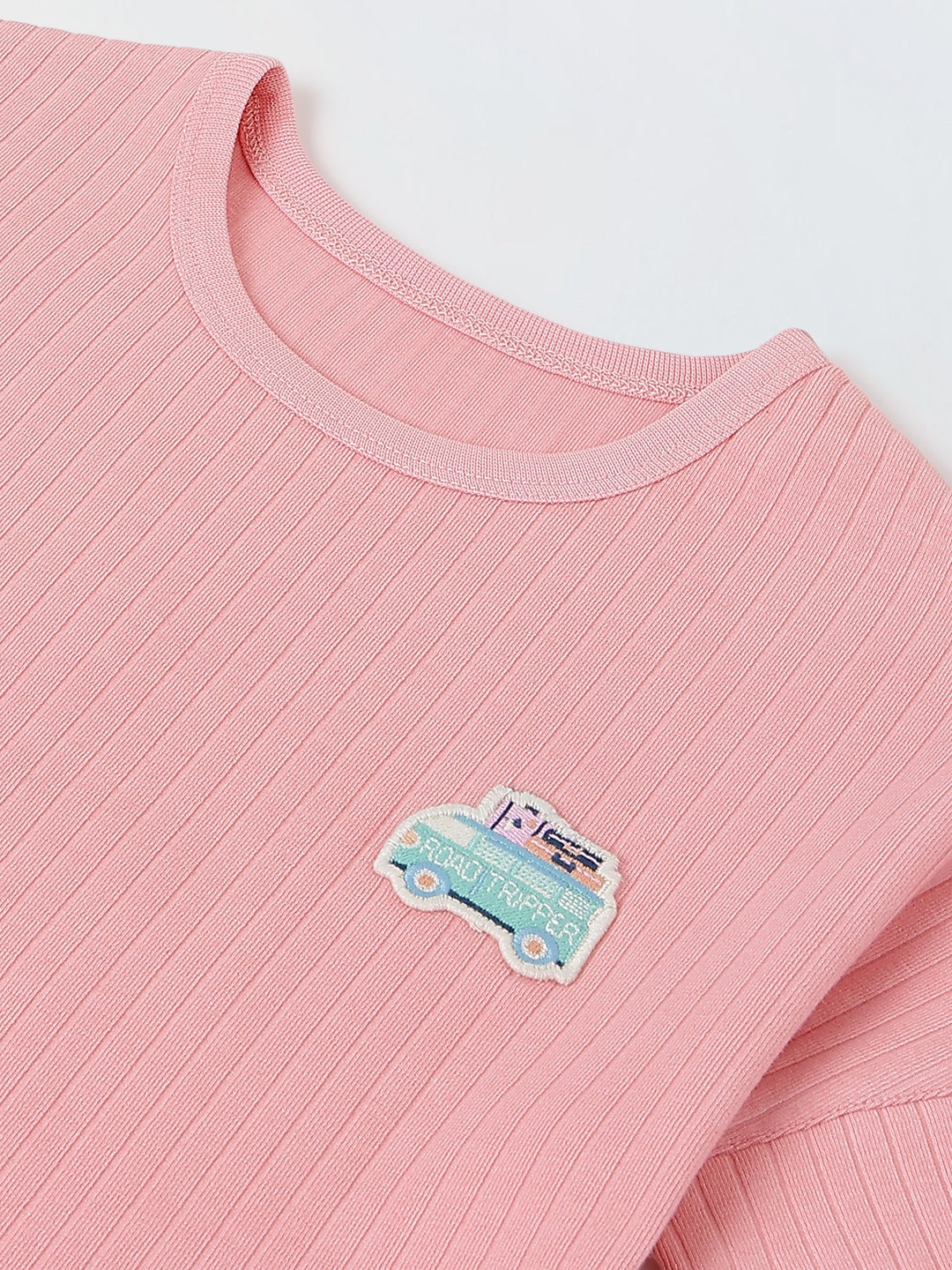Spunkies Girls Pink Textured Round Neck Short Sleeves Peplum Top and Shorts Set