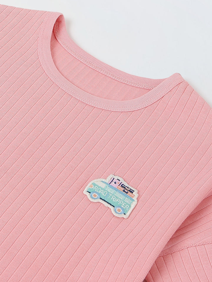 Spunkies Girls Pink Textured Round Neck Short Sleeves Peplum Top and Shorts Set
