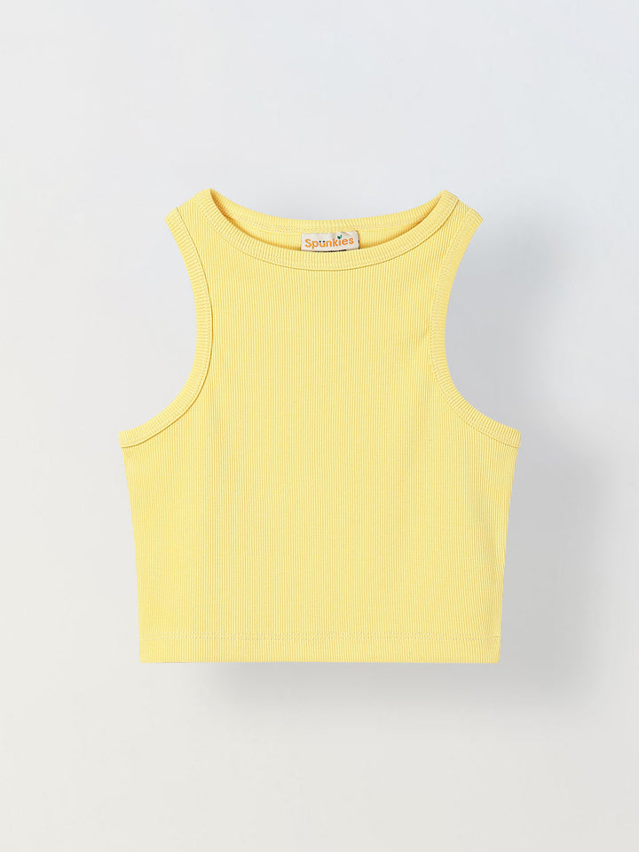 Spunkies Girls Yellow Solid Round Neck Sleeveless Tank Top
