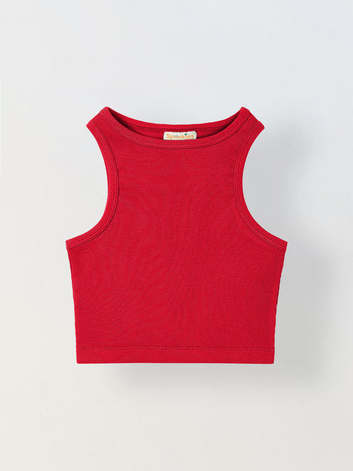 Spunkies Red Girls Solid Round Neck Sleeveless Tank Top