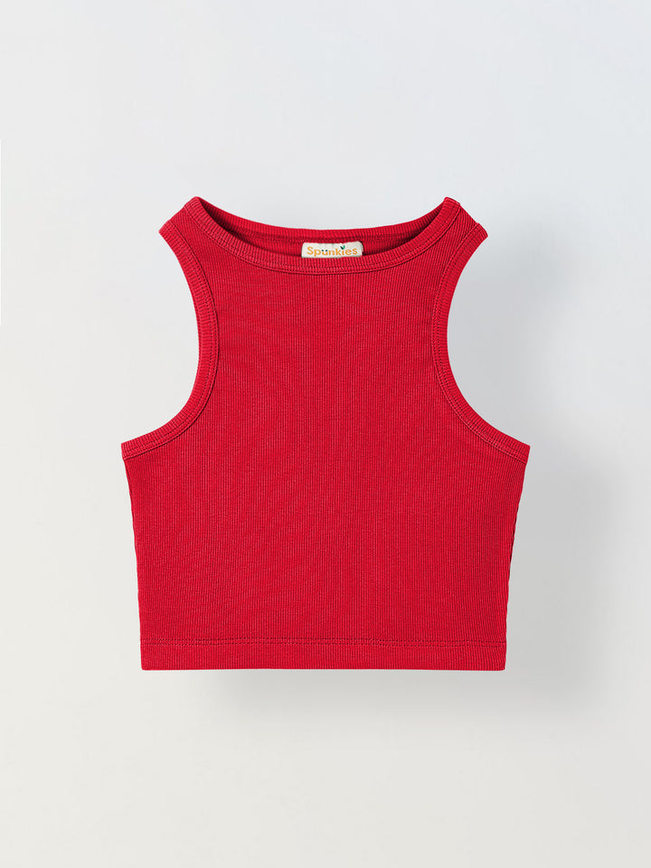 Spunkies Red Girls Solid Round Neck Sleeveless Tank Top