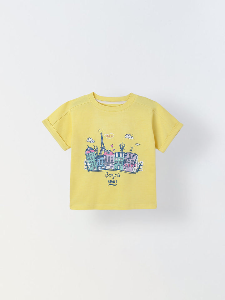 Spunkies Yellow Girls Graphic Print Round Neck Short Sleeves Top