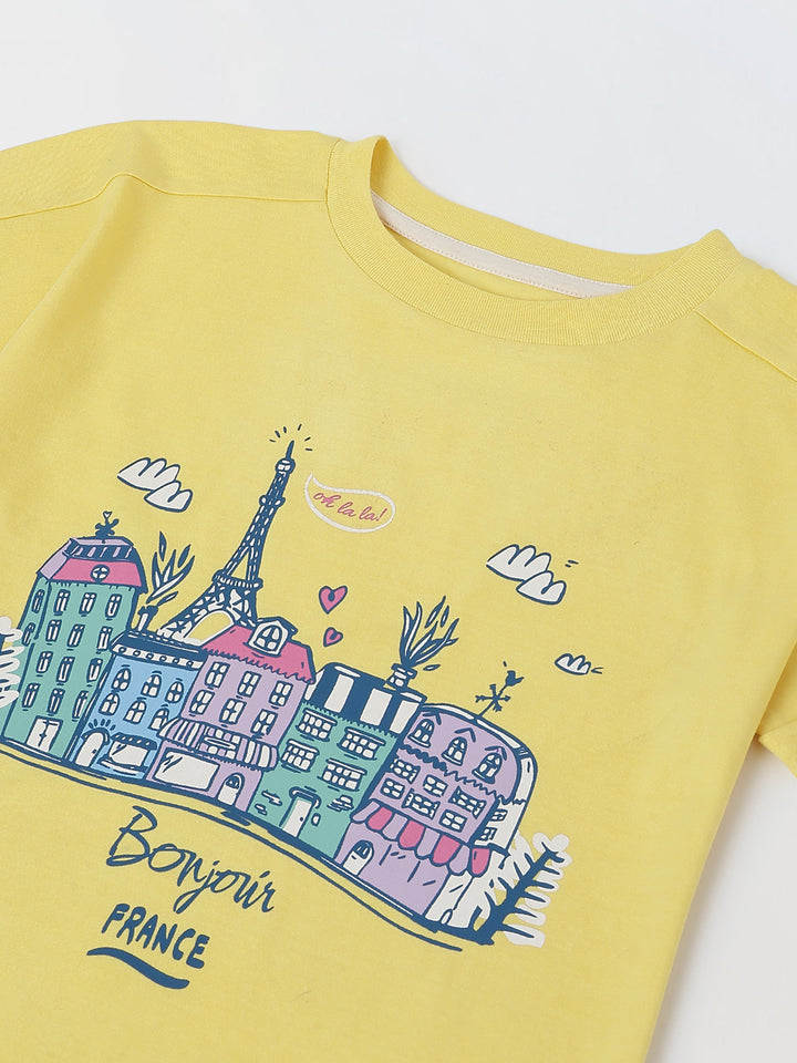 Spunkies Yellow Girls Graphic Print Round Neck Short Sleeves Top