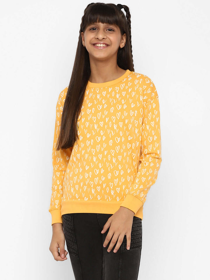 Spunkies-Girls-All-Over-Heart-Printed-Sweatshirt-Yellow