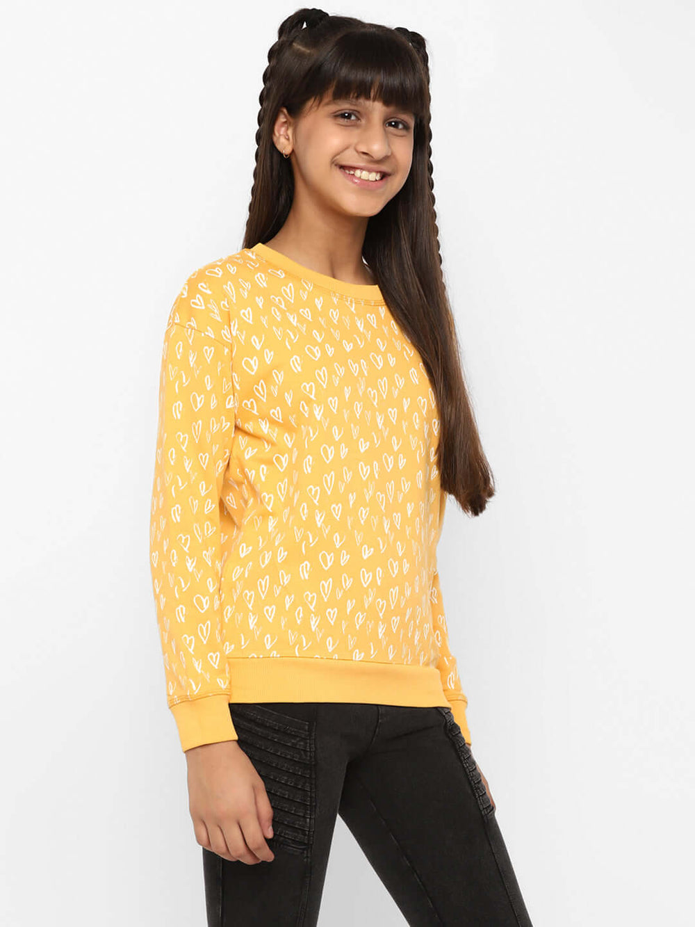 Spunkies-Girls-All-Over-Heart-Printed-Sweatshirt-Yellow