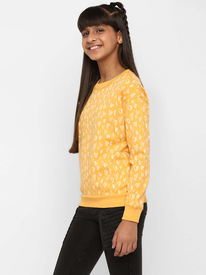 Spunkies-Girls-All-Over-Heart-Printed-Sweatshirt-Yellow