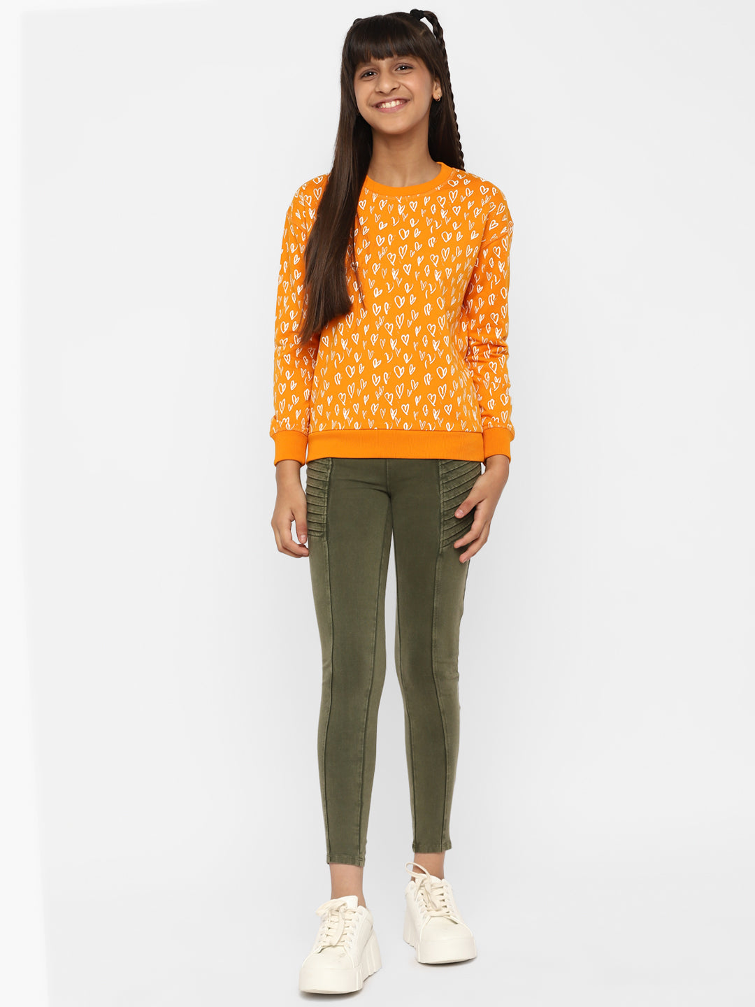 Spunkies-Girls-All-Over-Heart-Printed-Sweatshirt-Orange