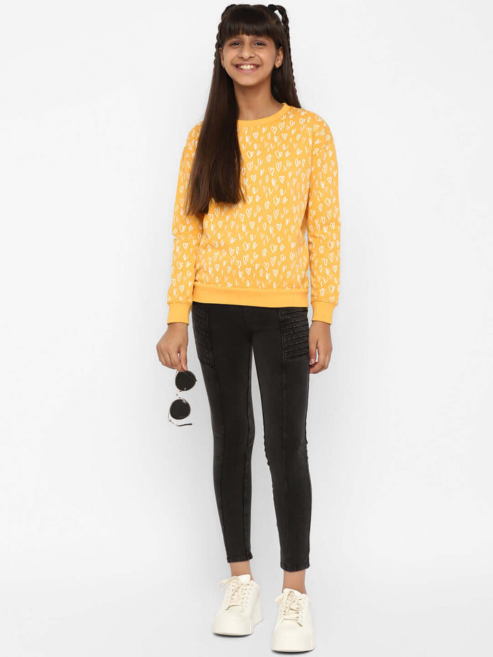 Spunkies-Girls-All-Over-Heart-Printed-Sweatshirt-Yellow