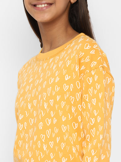 Spunkies-Girls-All-Over-Heart-Printed-Sweatshirt-Yellow
